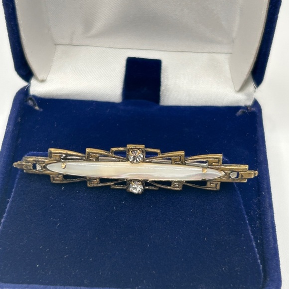Art Nouveau Bar Pin Brooch Mother of Pearl and Crystal Rhinestones Rare Antique - Picture 9 of 11